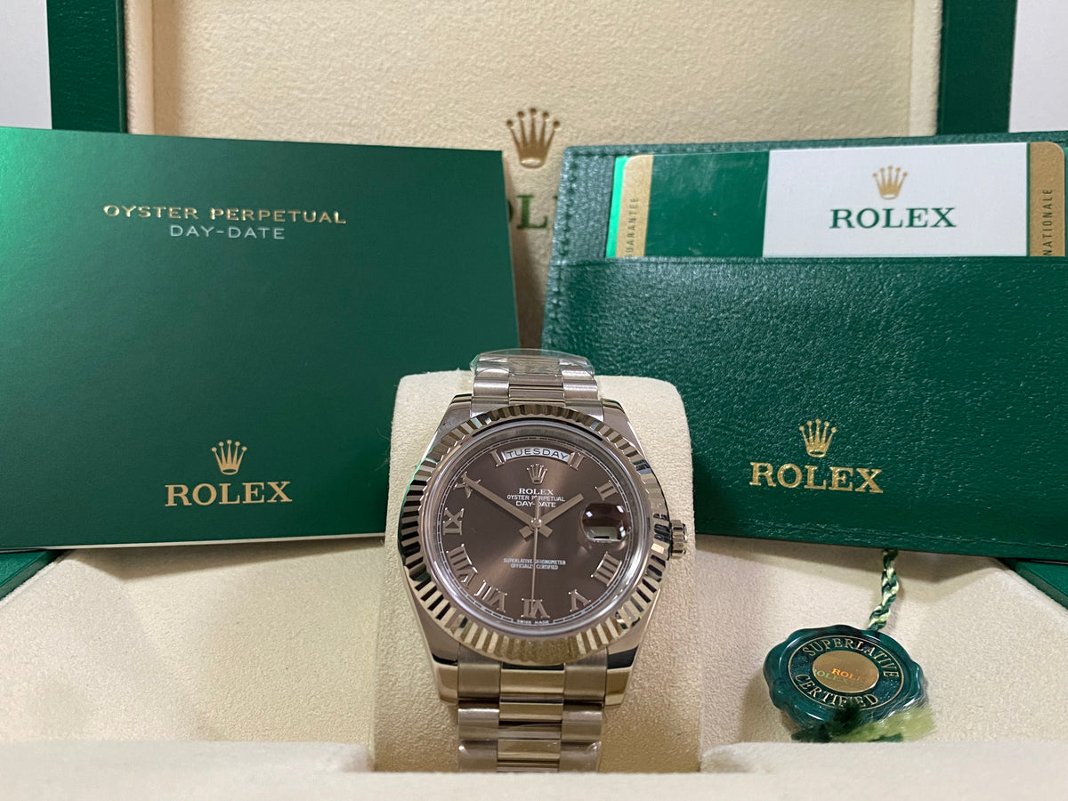 Rolex White Gold Day-Date II - 2018 - Fluted Bezel - Chocolate Roman Dial - President Bracelet - 218239