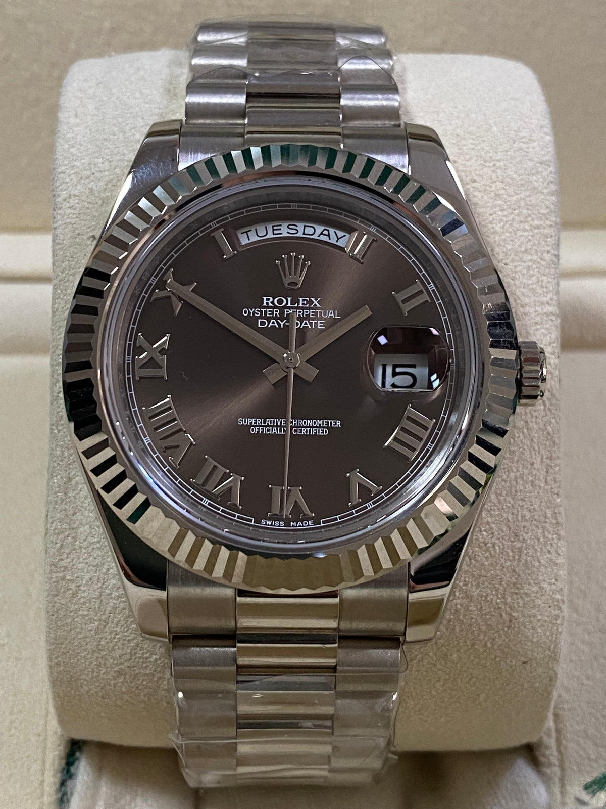 Rolex White Gold Day-Date II - 2018 - Fluted Bezel - Chocolate Roman Dial - President Bracelet - 218239