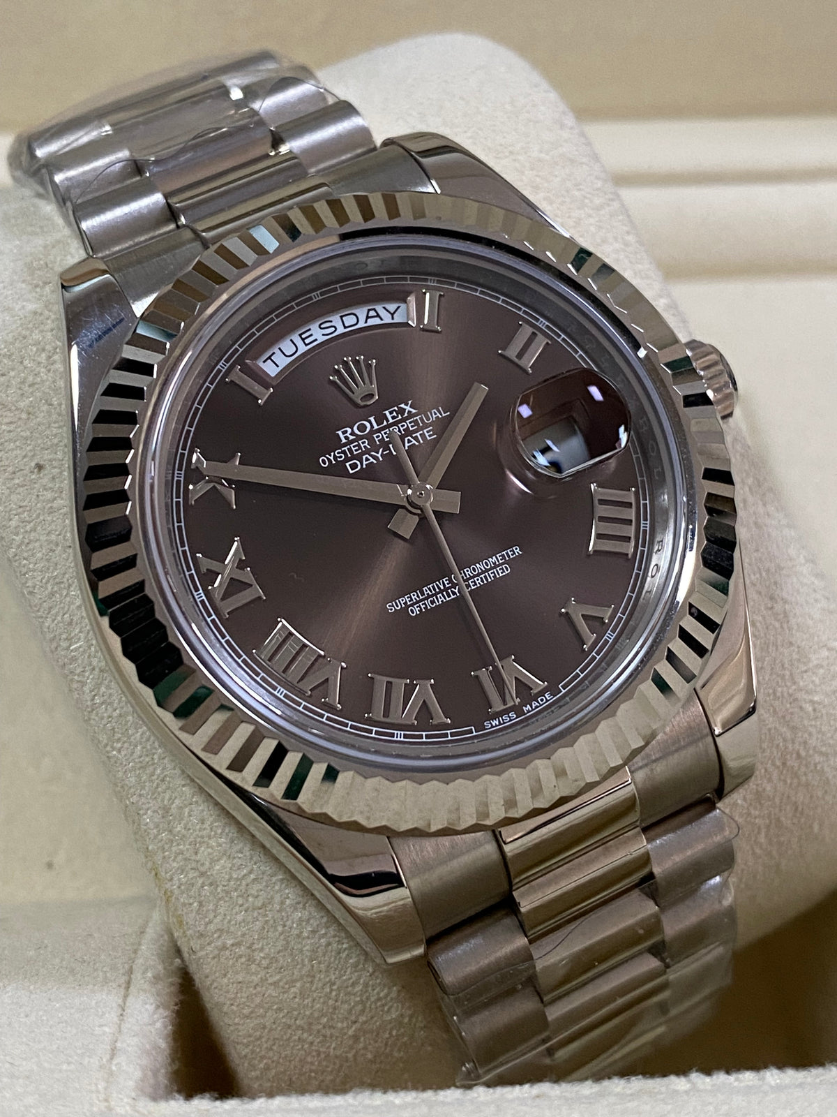 Rolex White Gold Day-Date II - 2018 - Fluted Bezel - Chocolate Roman Dial - President Bracelet - 218239