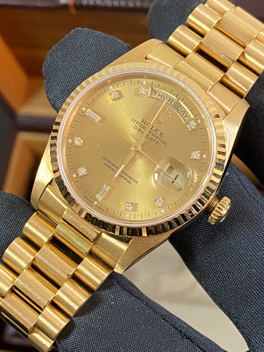 Rolex Yellow Gold Day-Date 36 - E serial - Fluted Bezel - Factory Diamond Dial - President Bracelet - 18238