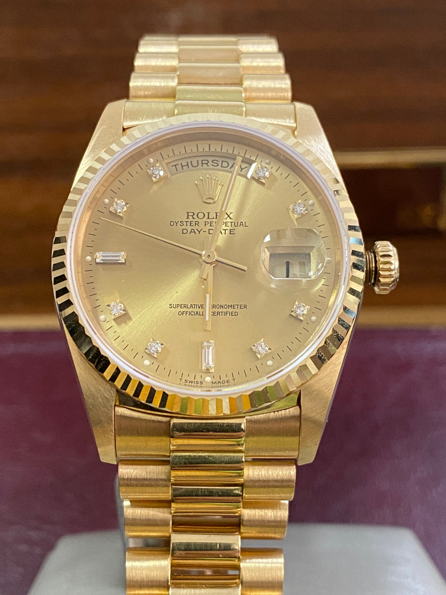 Rolex Yellow Gold Day-Date 36 - E serial - Fluted Bezel - Factory Diamond Dial - President Bracelet - 18238