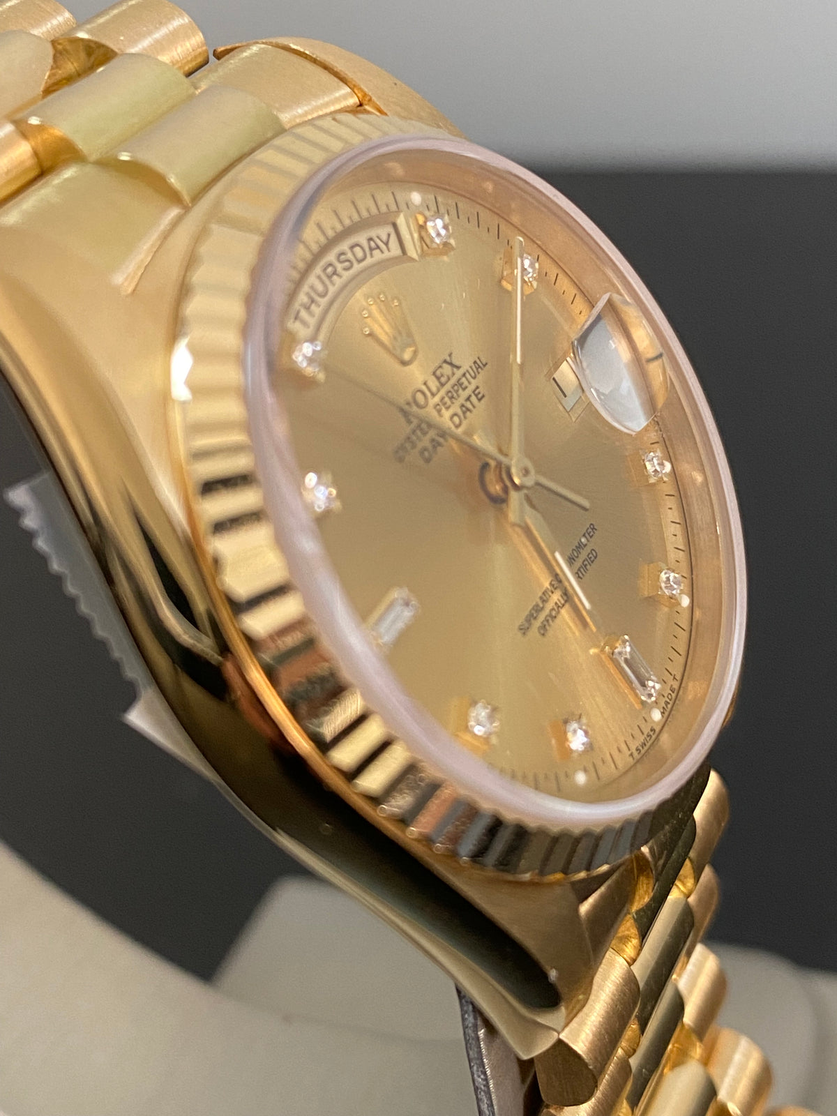 Rolex Yellow Gold Day-Date 36 - E serial - Fluted Bezel - Factory Diamond Dial - President Bracelet - 18238