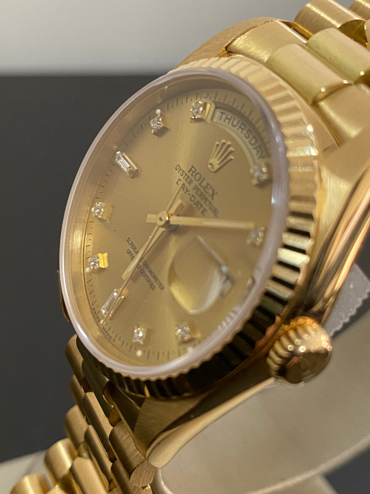 Rolex Yellow Gold Day-Date 36 - E serial - Fluted Bezel - Factory Diamond Dial - President Bracelet - 18238