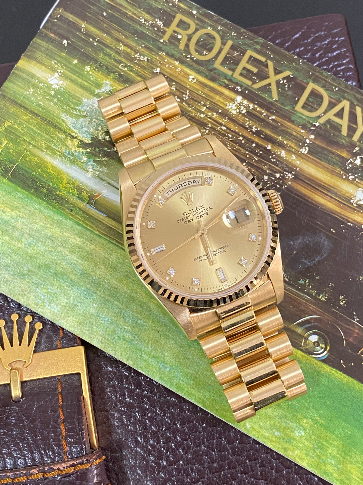 Rolex Yellow Gold Day-Date 36 - E serial - Fluted Bezel - Factory Diamond Dial - President Bracelet - 18238