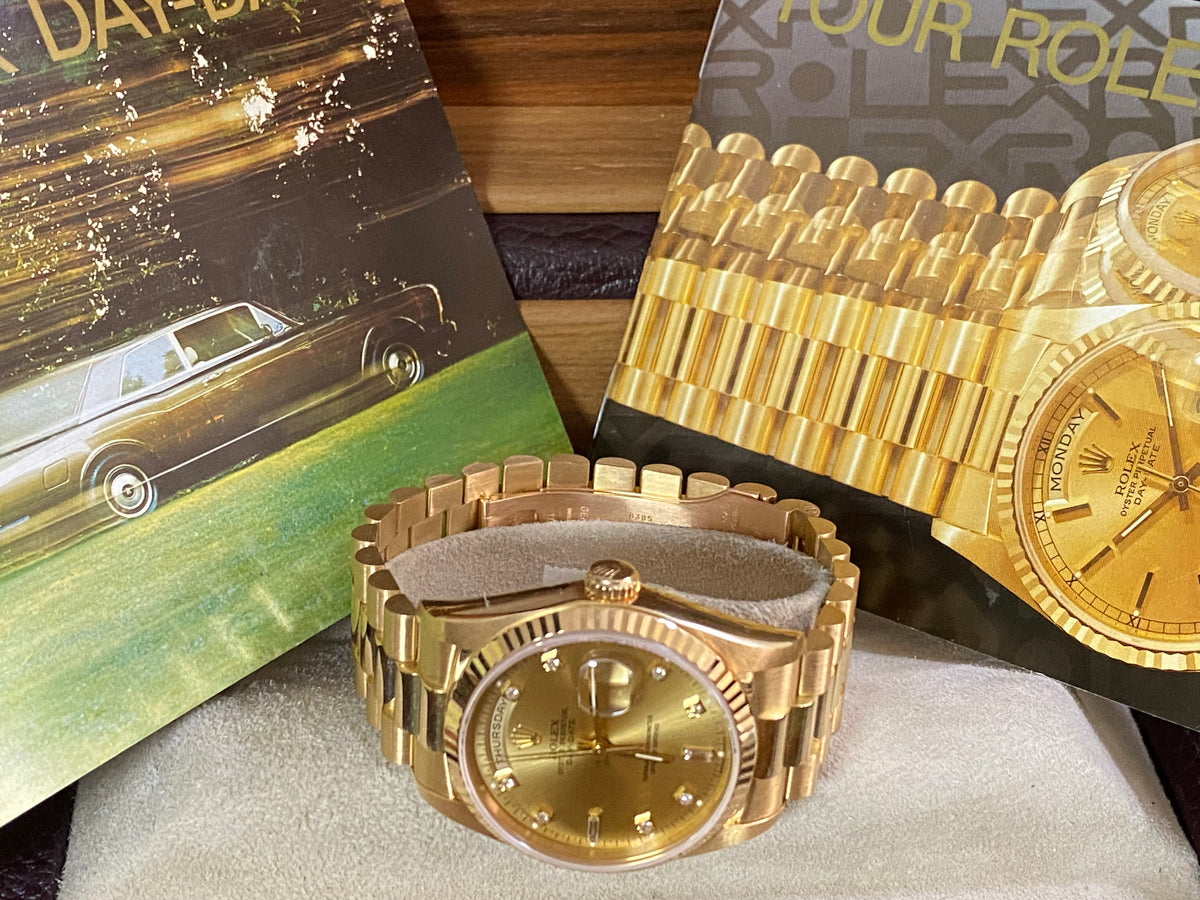 Rolex Yellow Gold Day-Date 36 - E serial - Fluted Bezel - Factory Diamond Dial - President Bracelet - 18238