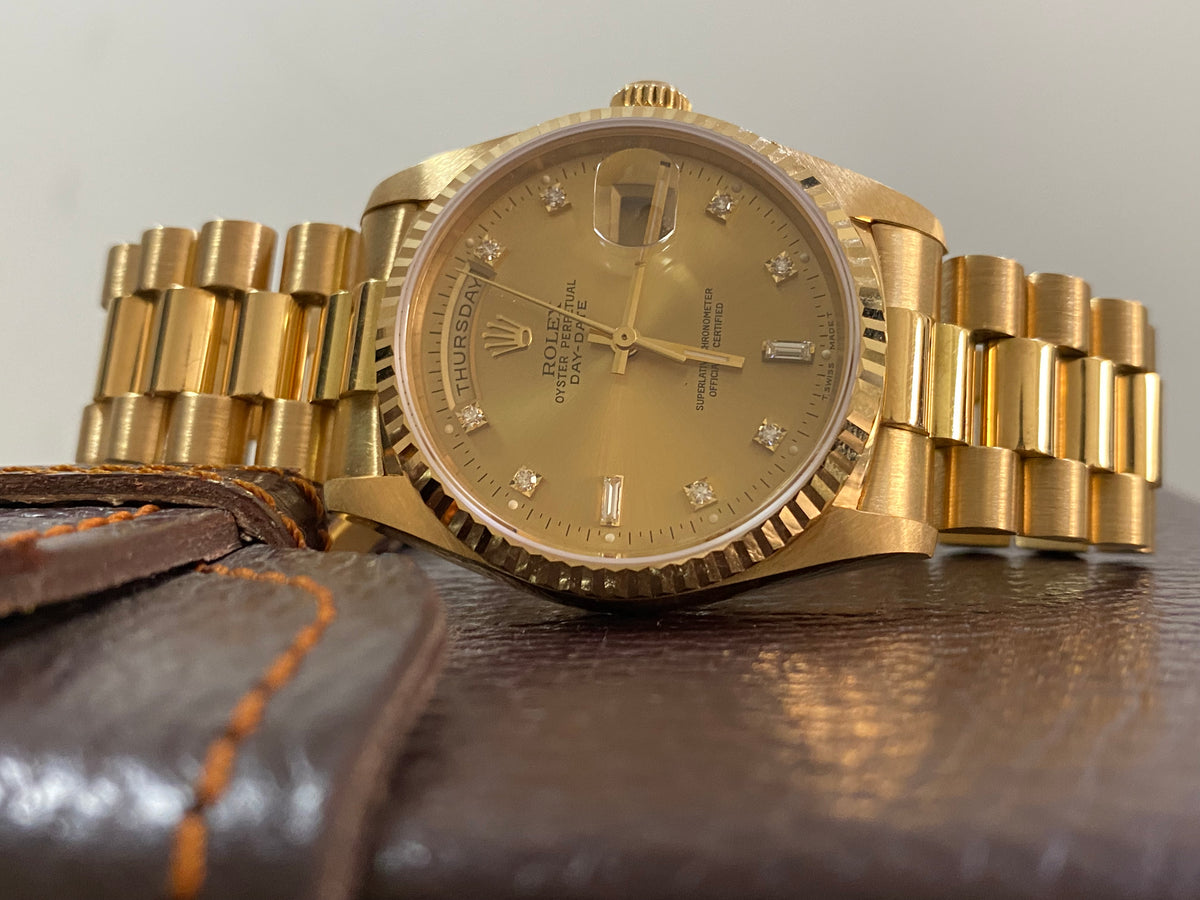 Rolex Yellow Gold Day-Date 36 - E serial - Fluted Bezel - Factory Diamond Dial - President Bracelet - 18238