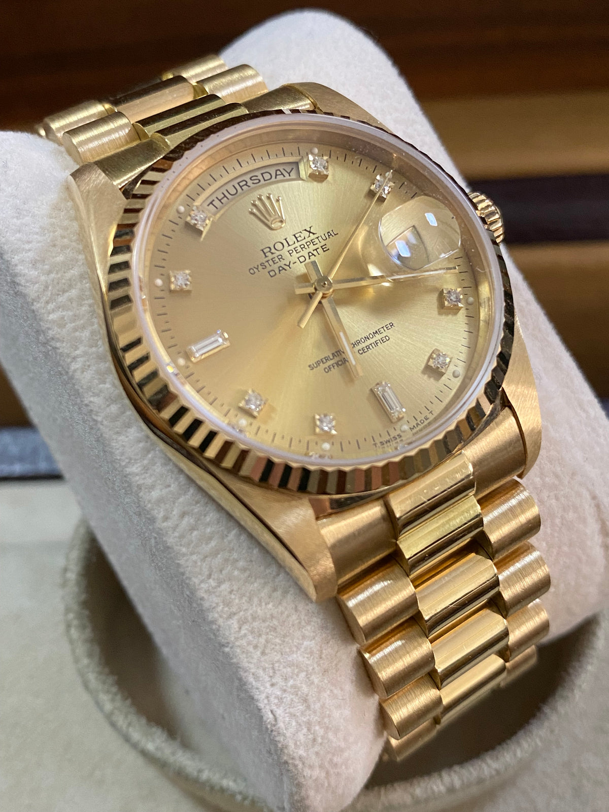 Rolex Yellow Gold Day-Date 36 - E serial - Fluted Bezel - Factory Diamond Dial - President Bracelet - 18238