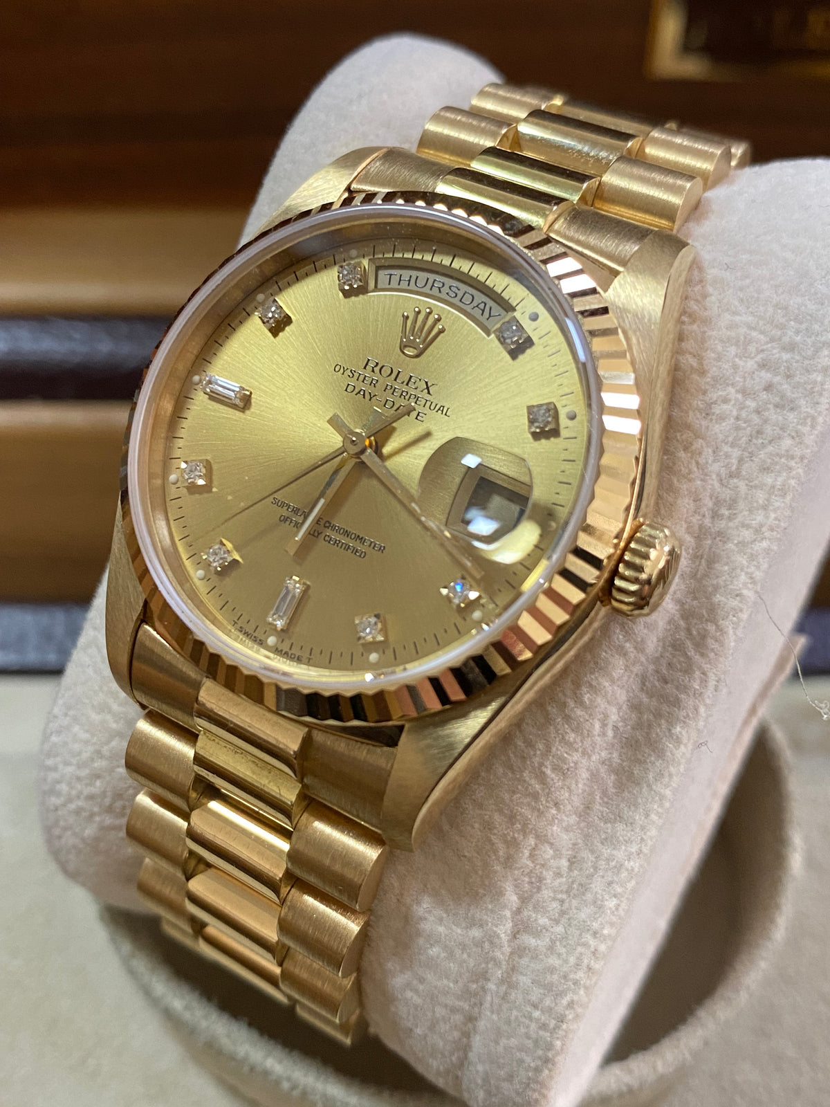 Rolex Yellow Gold Day-Date 36 - E serial - Fluted Bezel - Factory Diamond Dial - President Bracelet - 18238