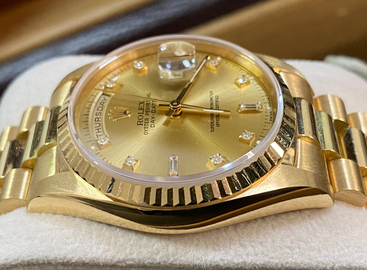 Rolex Yellow Gold Day-Date 36 - E serial - Fluted Bezel - Factory Diamond Dial - President Bracelet - 18238