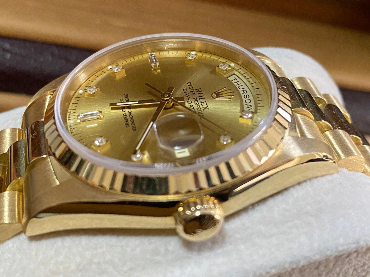 Rolex Yellow Gold Day-Date 36 - E serial - Fluted Bezel - Factory Diamond Dial - President Bracelet - 18238