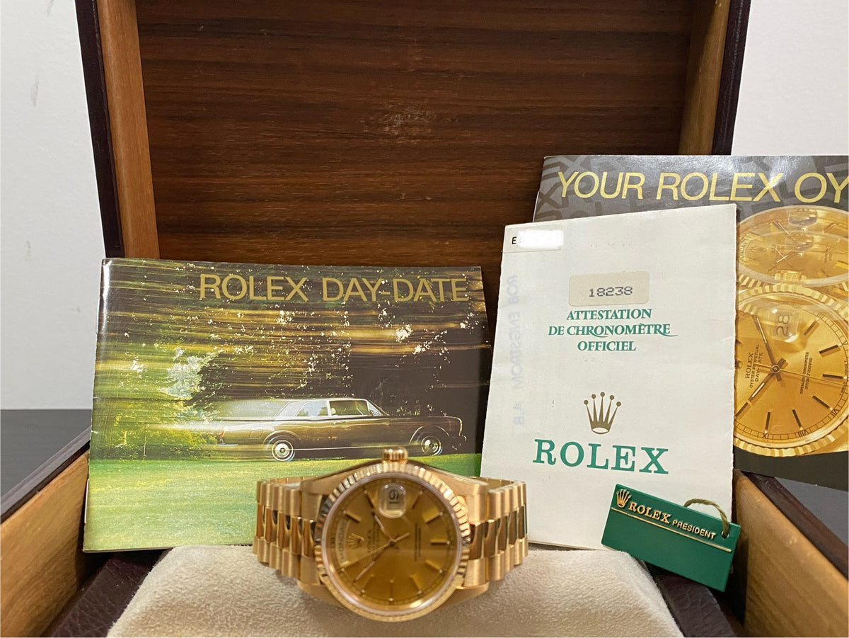 Rolex Yellow Gold Day-Date 36 - E serial - Fluted Bezel - Champagne Index Dial - President Bracelet - 18238 UNPOLISHED