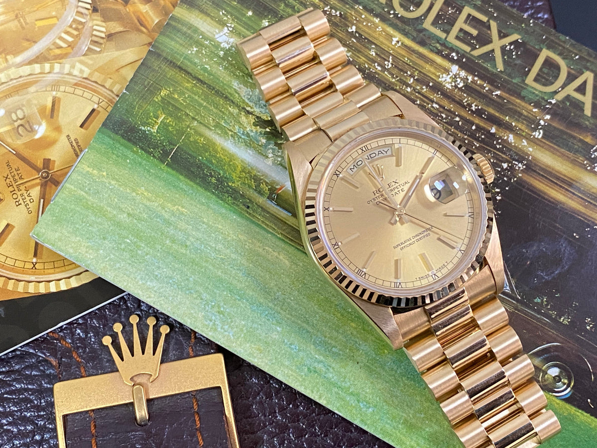 Rolex Yellow Gold Day-Date 36 - E serial - Fluted Bezel - Champagne Index Dial - President Bracelet - 18238 UNPOLISHED