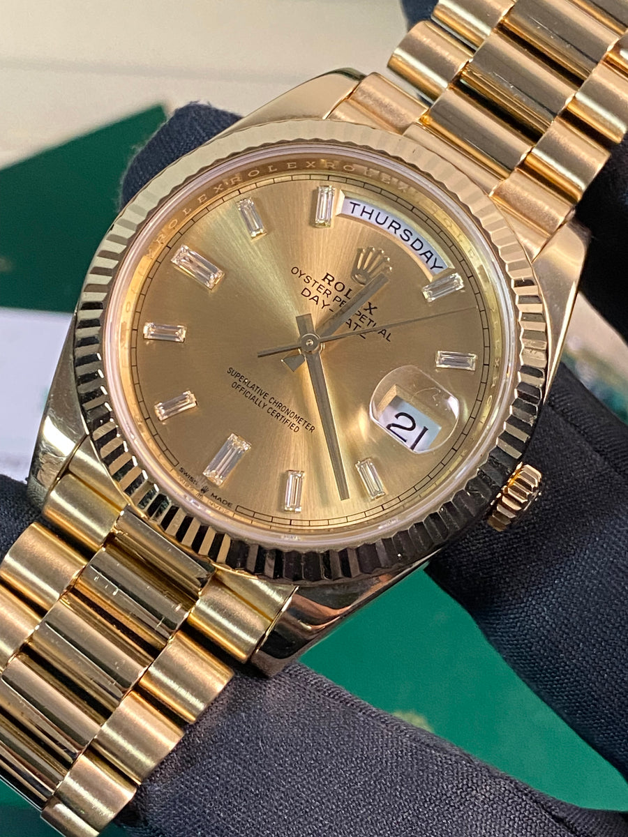 Rolex Yellow Gold Day-Date 40 - 2020 - Fluted Bezel - Champagne Baguette Dial - President Bracelet - 228238 *FULL SET*