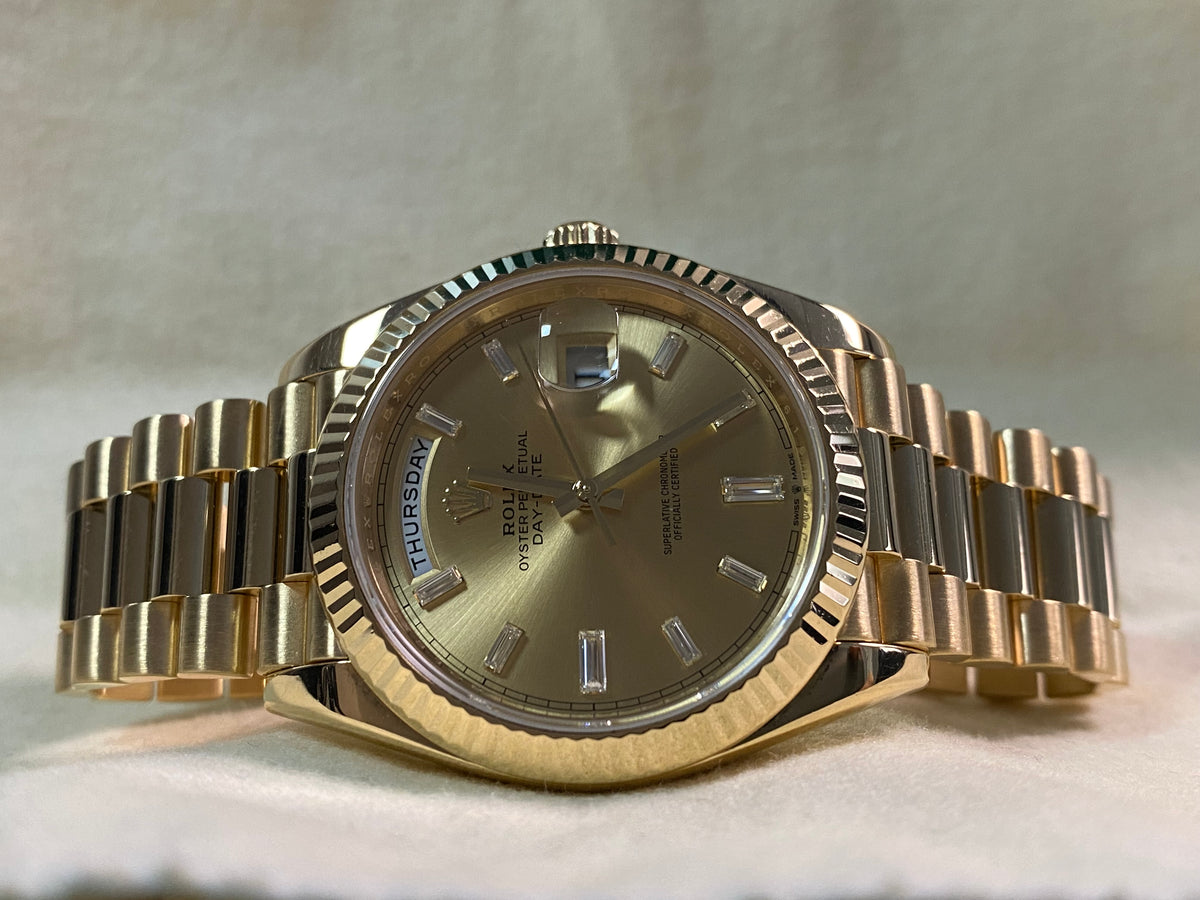 Rolex Yellow Gold Day-Date 40 - 2020 - Fluted Bezel - Champagne Baguette Dial - President Bracelet - 228238 *FULL SET*