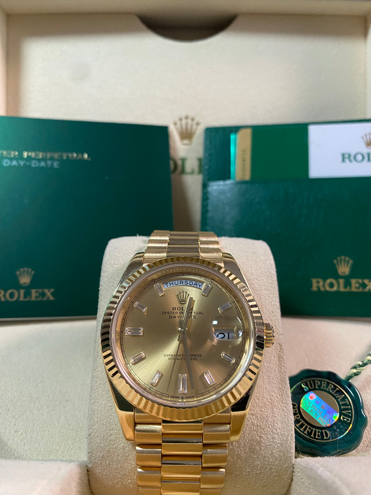 Rolex Yellow Gold Day-Date 40 - 2020 - Fluted Bezel - Champagne Baguette Dial - President Bracelet - 228238 *FULL SET*