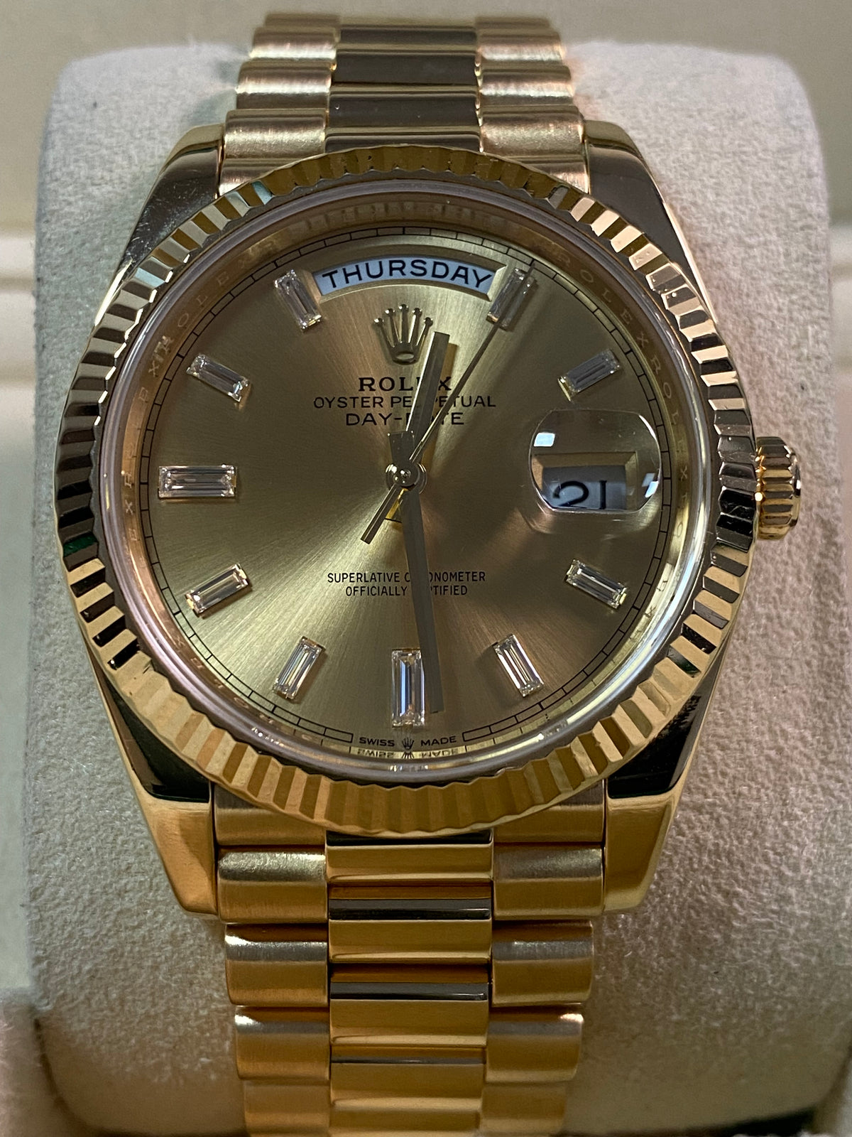 Rolex Yellow Gold Day-Date 40 - 2020 - Fluted Bezel - Champagne Baguette Dial - President Bracelet - 228238 *FULL SET*