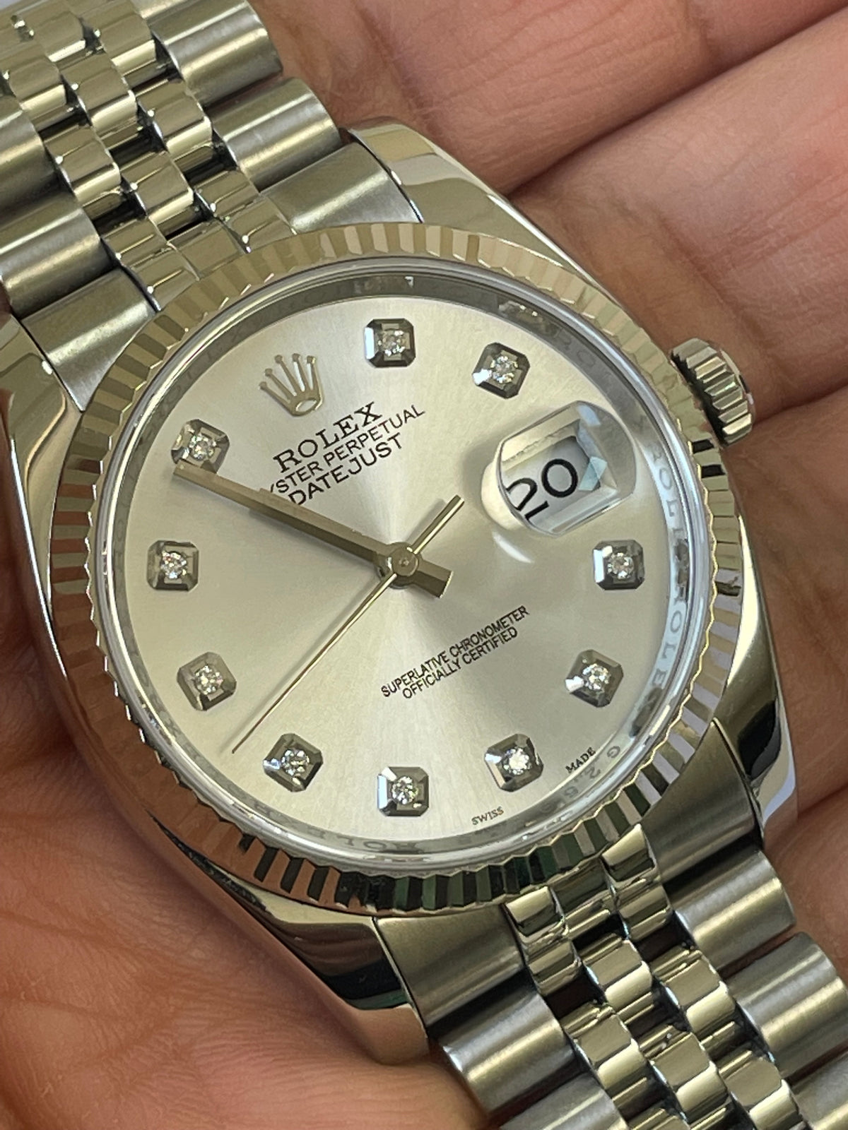 Rolex Steel Datejust 36 - 2010 - Fluted Bezel - Factory Diamond Dial - Jubilee Bracelet - 116234