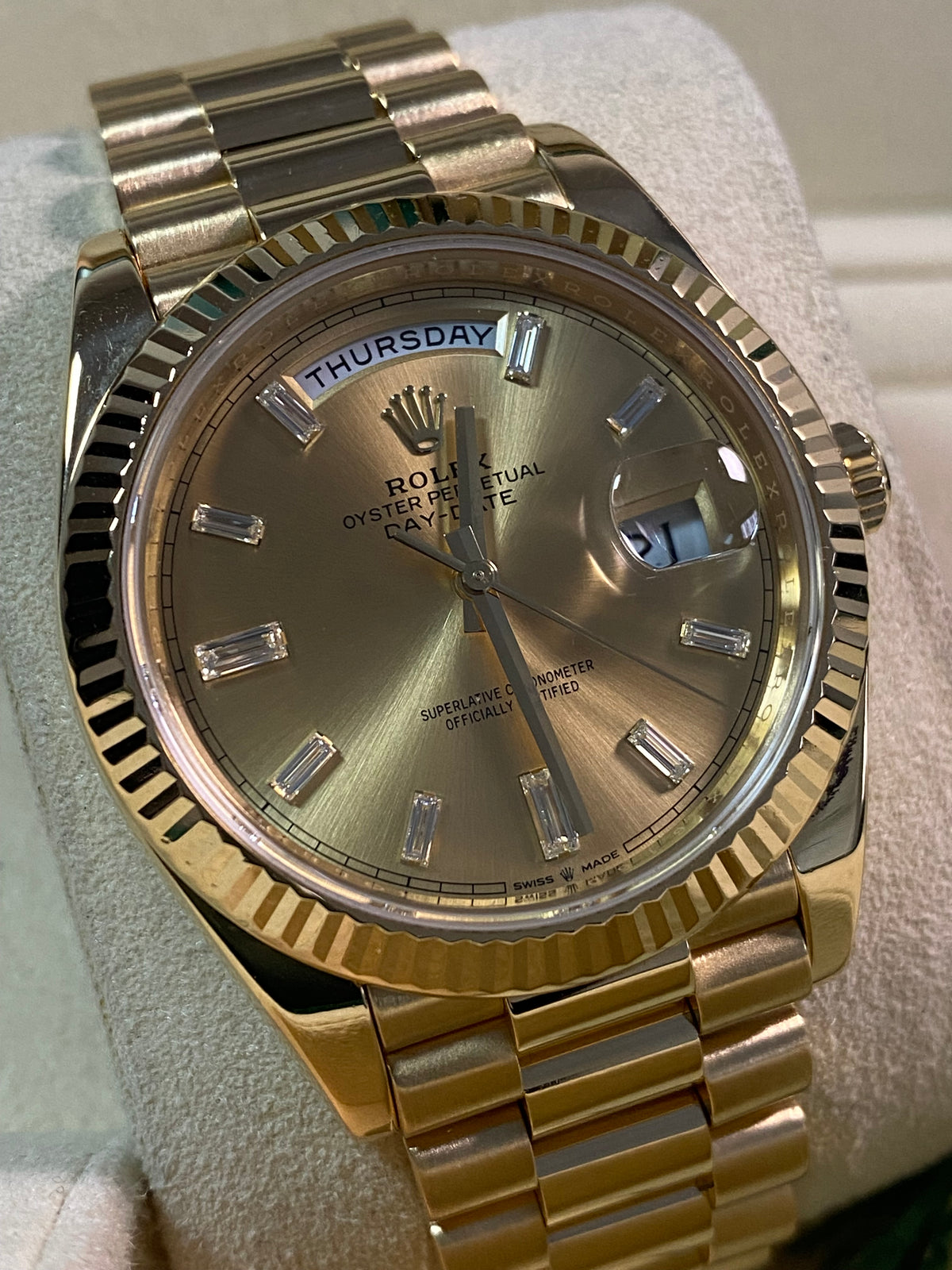 Rolex Yellow Gold Day-Date 40 - 2020 - Fluted Bezel - Champagne Baguette Dial - President Bracelet - 228238 *FULL SET*