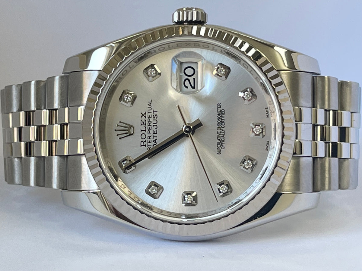 Rolex Steel Datejust 36 - 2010 - Fluted Bezel - Factory Diamond Dial - Jubilee Bracelet - 116234