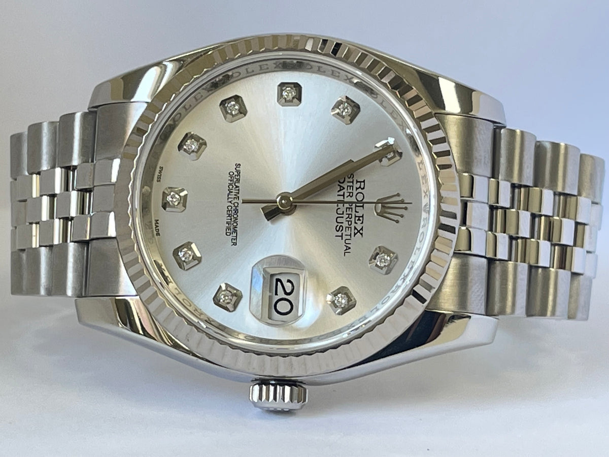 Rolex Steel Datejust 36 - 2010 - Fluted Bezel - Factory Diamond Dial - Jubilee Bracelet - 116234