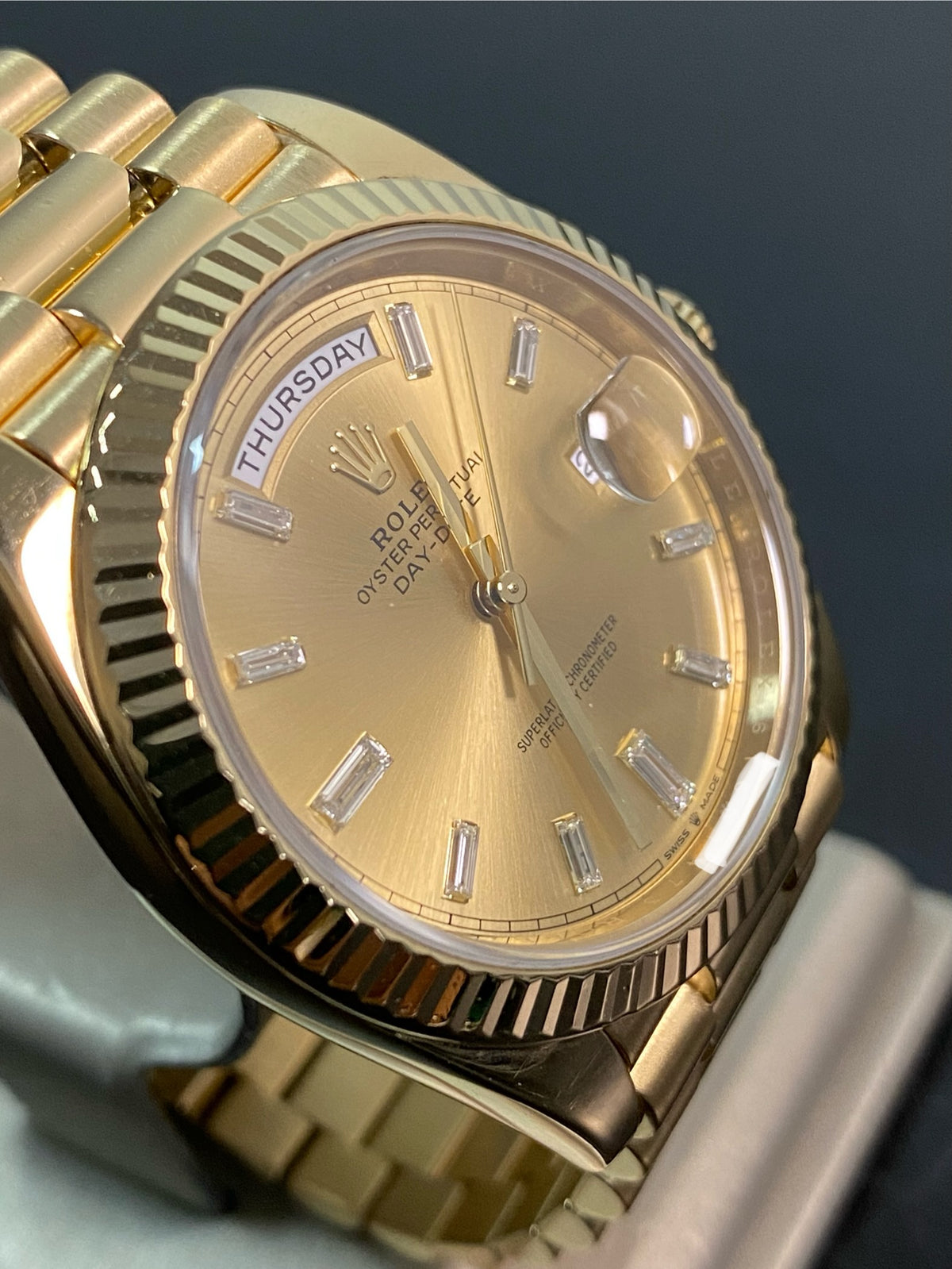 Rolex Yellow Gold Day-Date 40 - 2020 - Fluted Bezel - Champagne Baguette Dial - President Bracelet - 228238 *FULL SET*