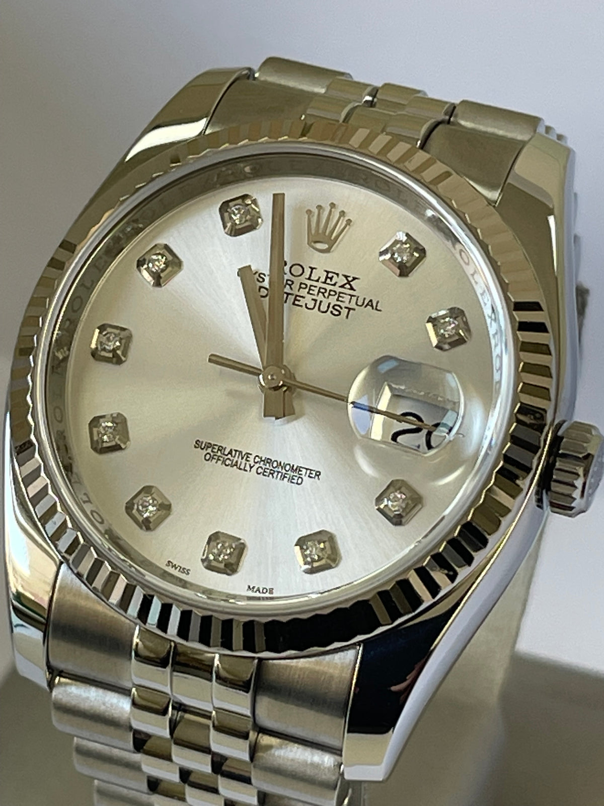 Rolex Steel Datejust 36 - 2010 - Fluted Bezel - Factory Diamond Dial - Jubilee Bracelet - 116234