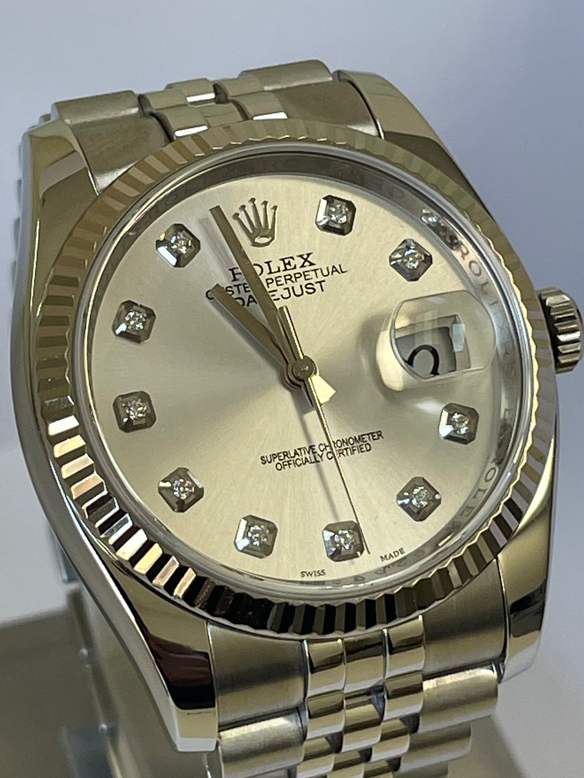 Rolex Steel Datejust 36 - 2010 - Fluted Bezel - Factory Diamond Dial - Jubilee Bracelet - 116234