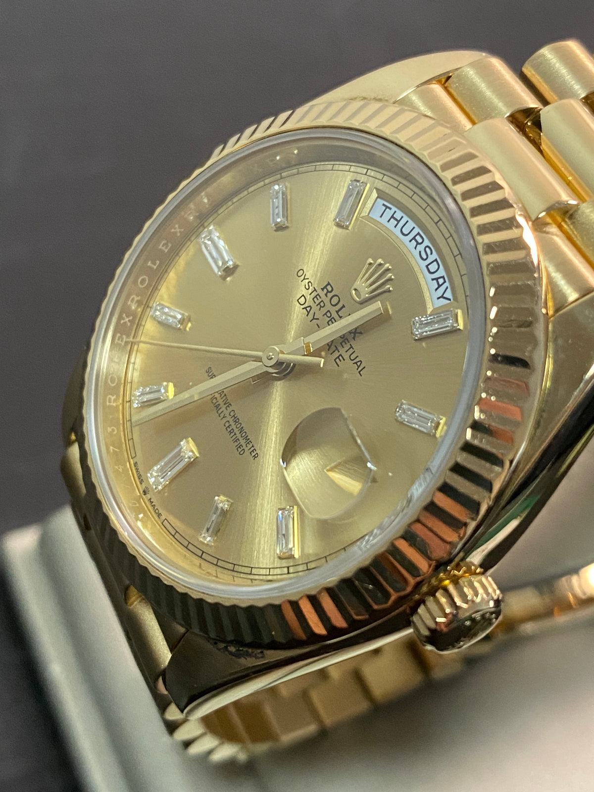 Rolex Yellow Gold Day-Date 40 - 2020 - Fluted Bezel - Champagne Baguette Dial - President Bracelet - 228238 *FULL SET*