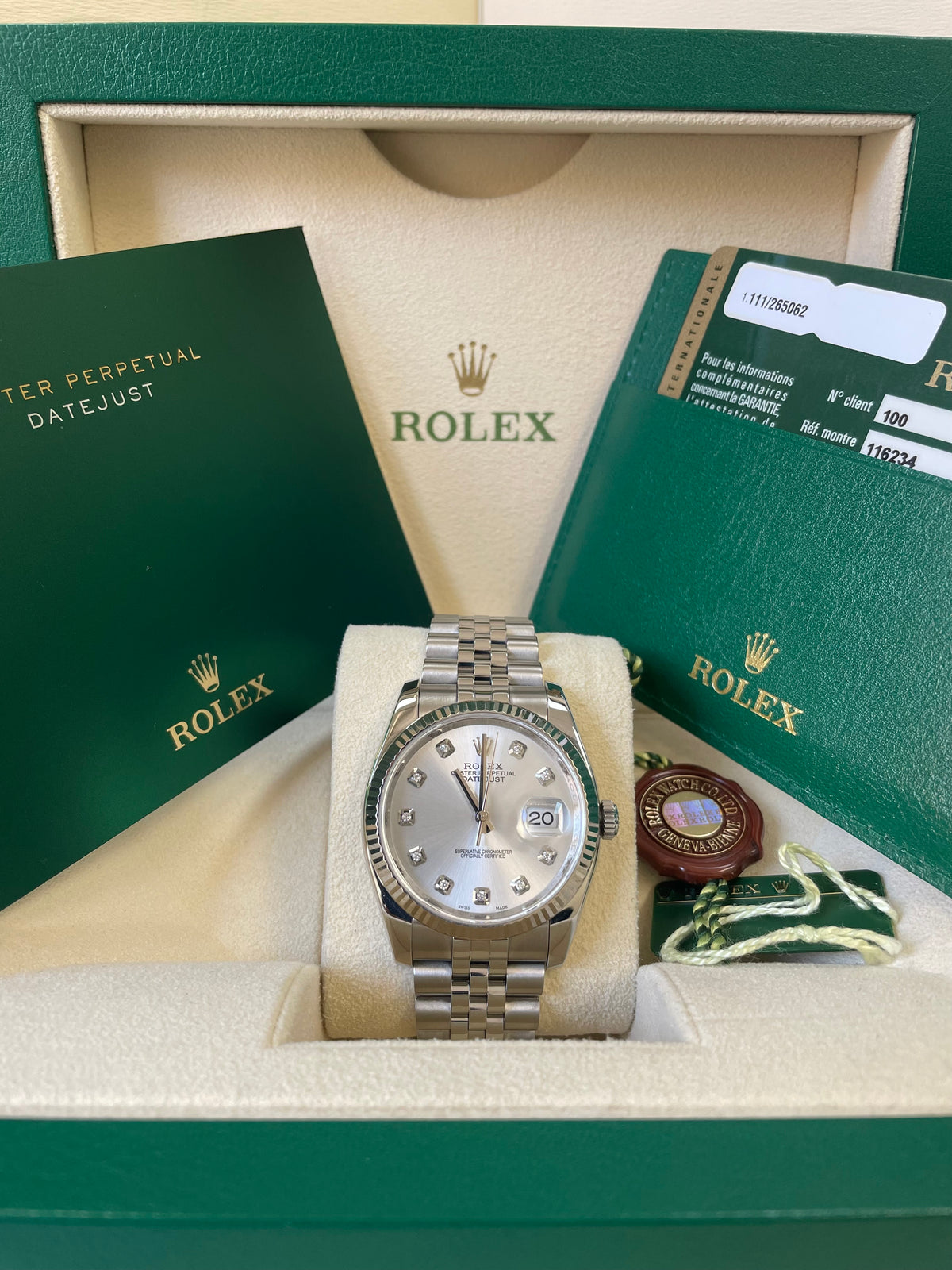 Rolex Steel Datejust 36 - 2010 - Fluted Bezel - Factory Diamond Dial - Jubilee Bracelet - 116234