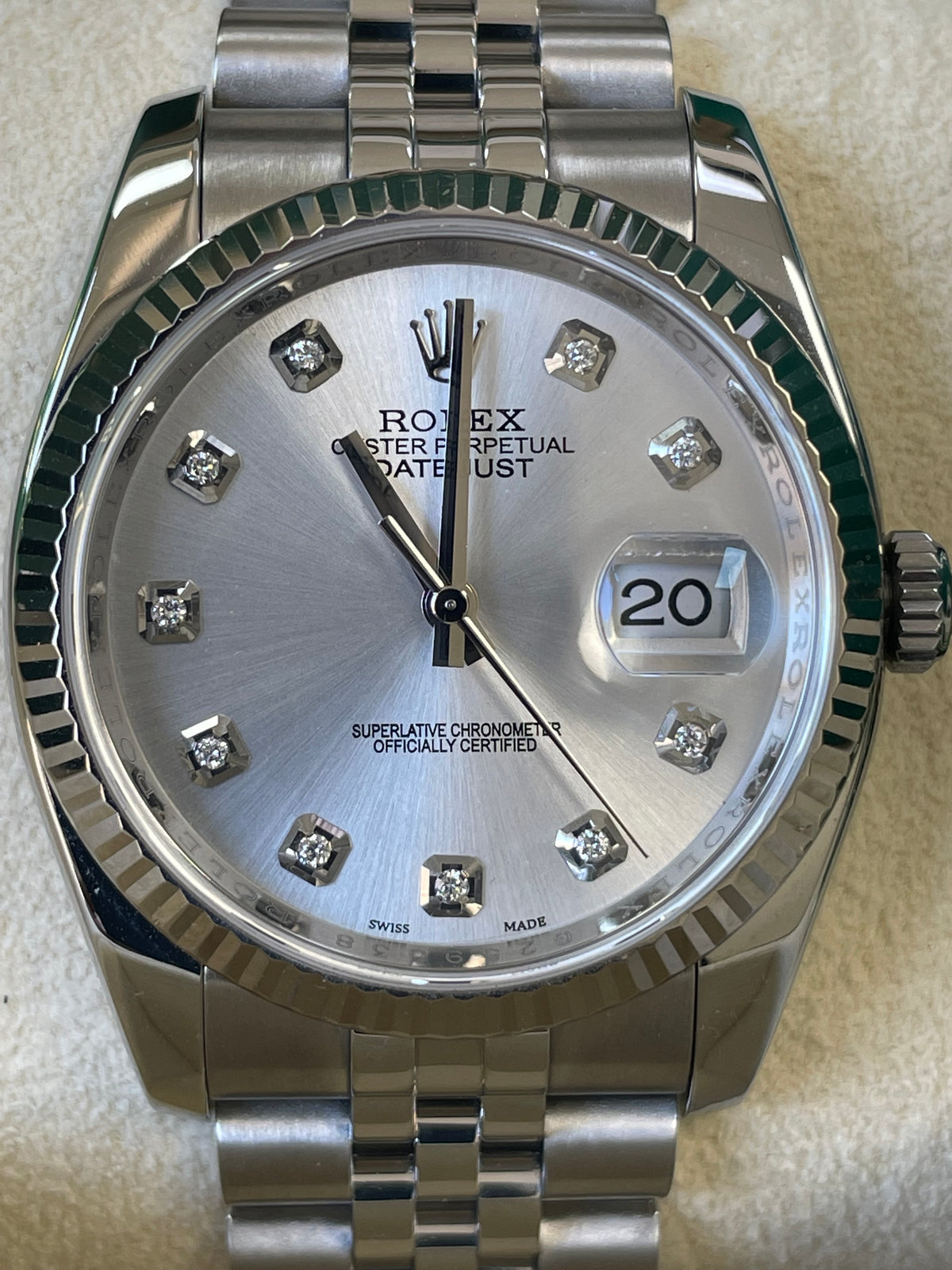 Rolex Steel Datejust 36 - 2010 - Fluted Bezel - Factory Diamond Dial - Jubilee Bracelet - 116234