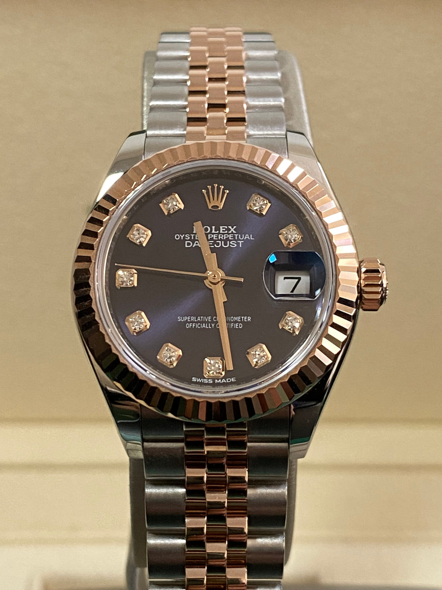 Rolex Steel and Everose Gold Lady-Datejust 28 - 2018 - Fluted Bezel - Aubergine Diamond Dial - Jubilee Bracelet - 279171