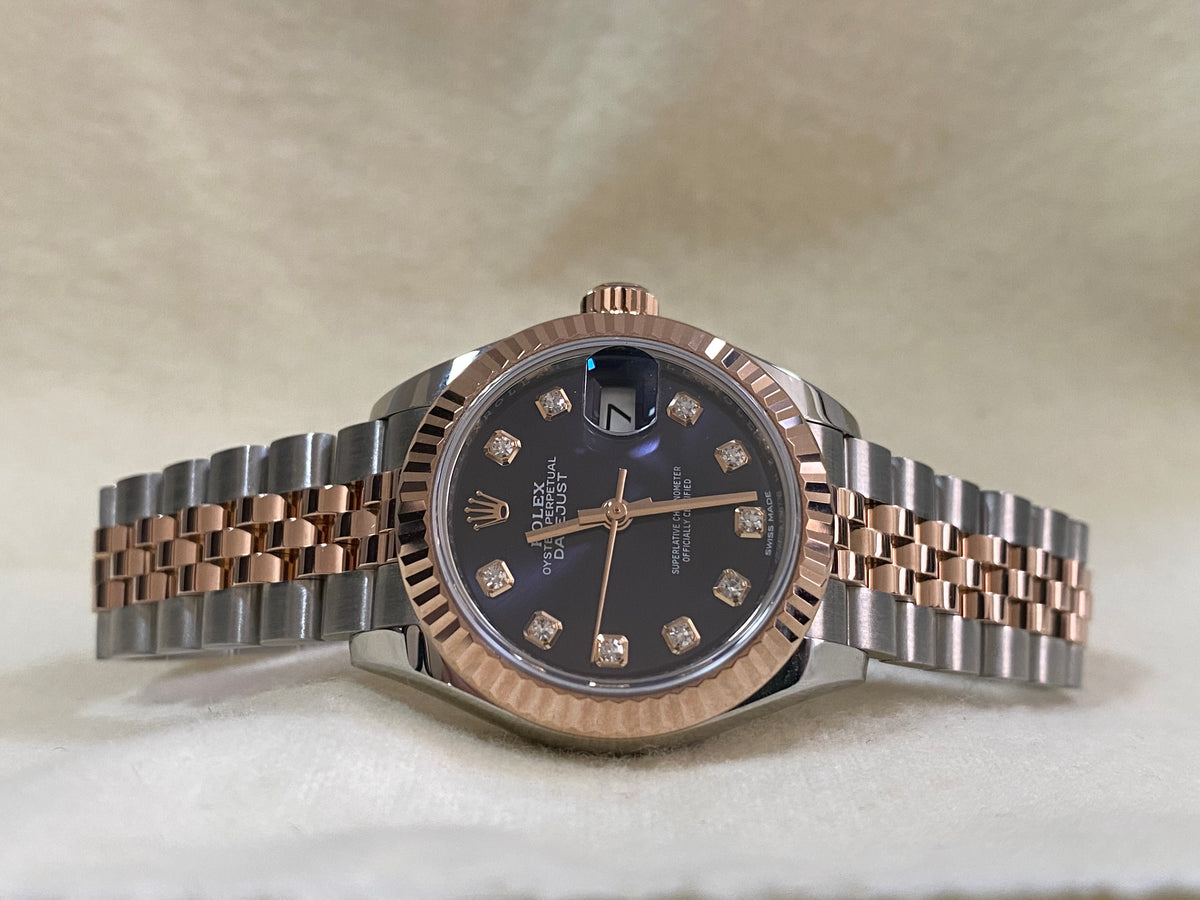 Rolex Steel and Everose Gold Lady-Datejust 28 - 2018 - Fluted Bezel - Aubergine Diamond Dial - Jubilee Bracelet - 279171