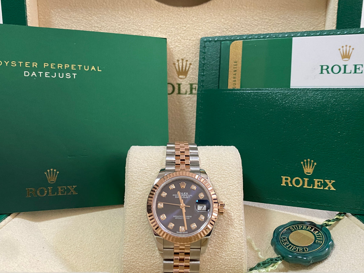 Rolex Steel and Everose Gold Lady-Datejust 28 - 2018 - Fluted Bezel - Aubergine Diamond Dial - Jubilee Bracelet - 279171