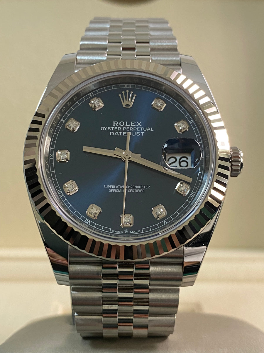 Rolex Steel and White Gold Datejust 41 - 2024 - Fluted Bezel - Blue Diamond Dial - Jubilee Bracelet - 126334 *FULL SET*