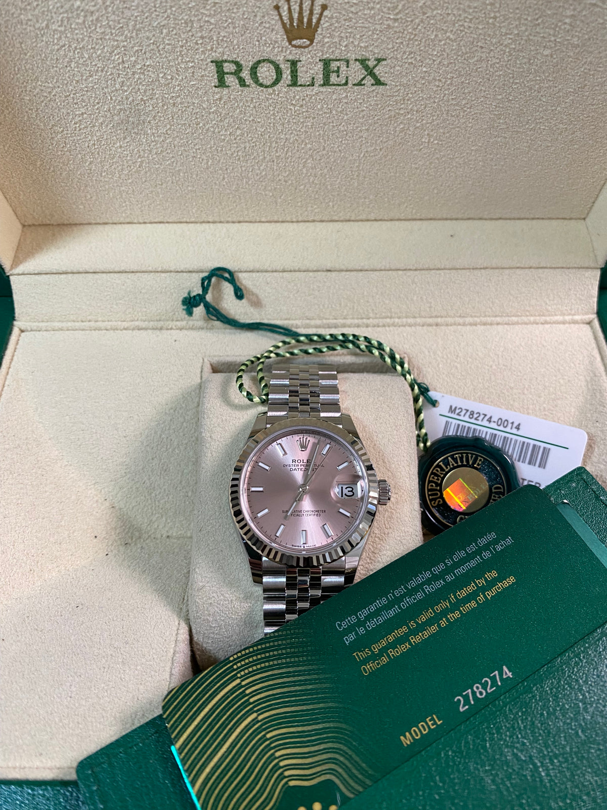 Rolex Steel and White Gold Datejust 31 - 2024 - Fluted Bezel - Pink Index Dial - Jubilee Bracelet - 278274 *FULL SET*