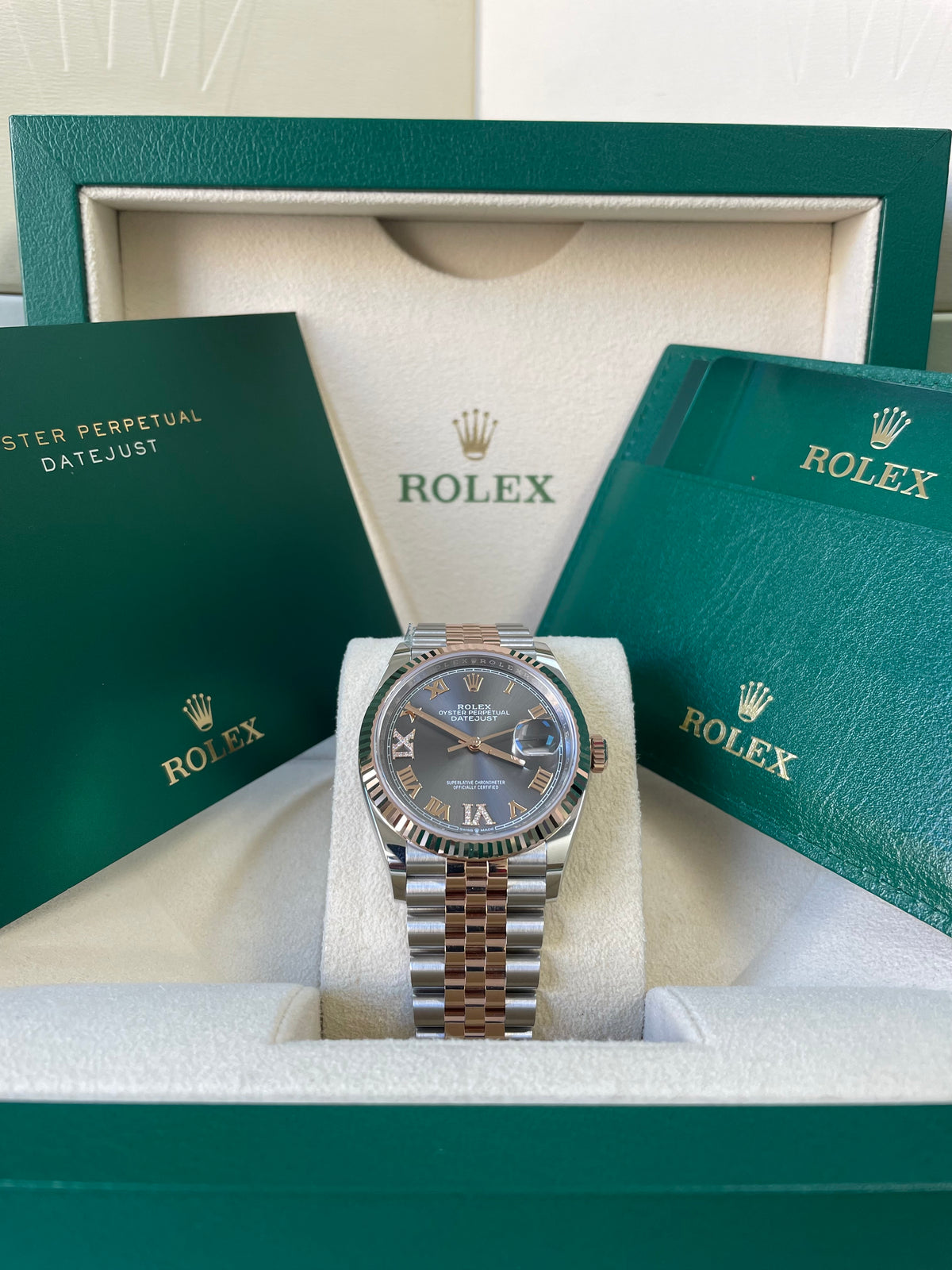 Rolex Steel and Everose Gold Datejust 36 - 2022 - Fluted Bezel - Slate Diamond Set Dial - Jubilee Bracelet - 126231