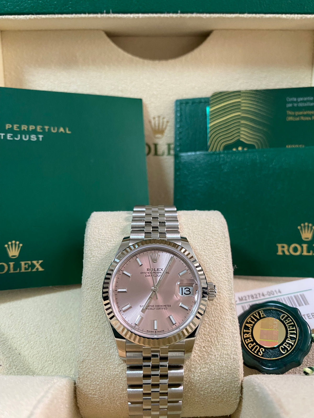 Rolex Steel and White Gold Datejust 31 - 2024 - Fluted Bezel - Pink Index Dial - Jubilee Bracelet - 278274 *FULL SET*