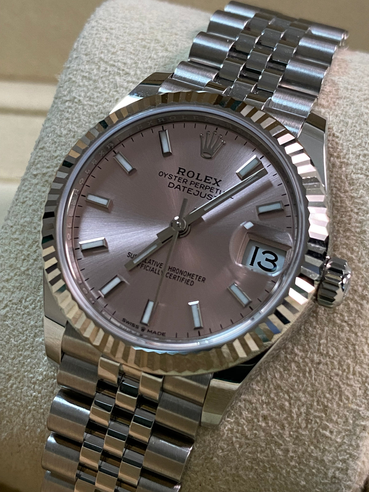 Rolex Steel and White Gold Datejust 31 - 2024 - Fluted Bezel - Pink Index Dial - Jubilee Bracelet - 278274 *FULL SET*