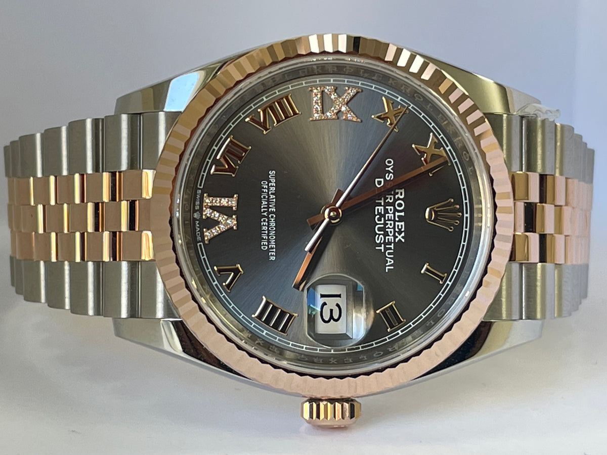 Rolex Steel and Everose Gold Datejust 36 - 2022 - Fluted Bezel - Slate Diamond Set Dial - Jubilee Bracelet - 126231