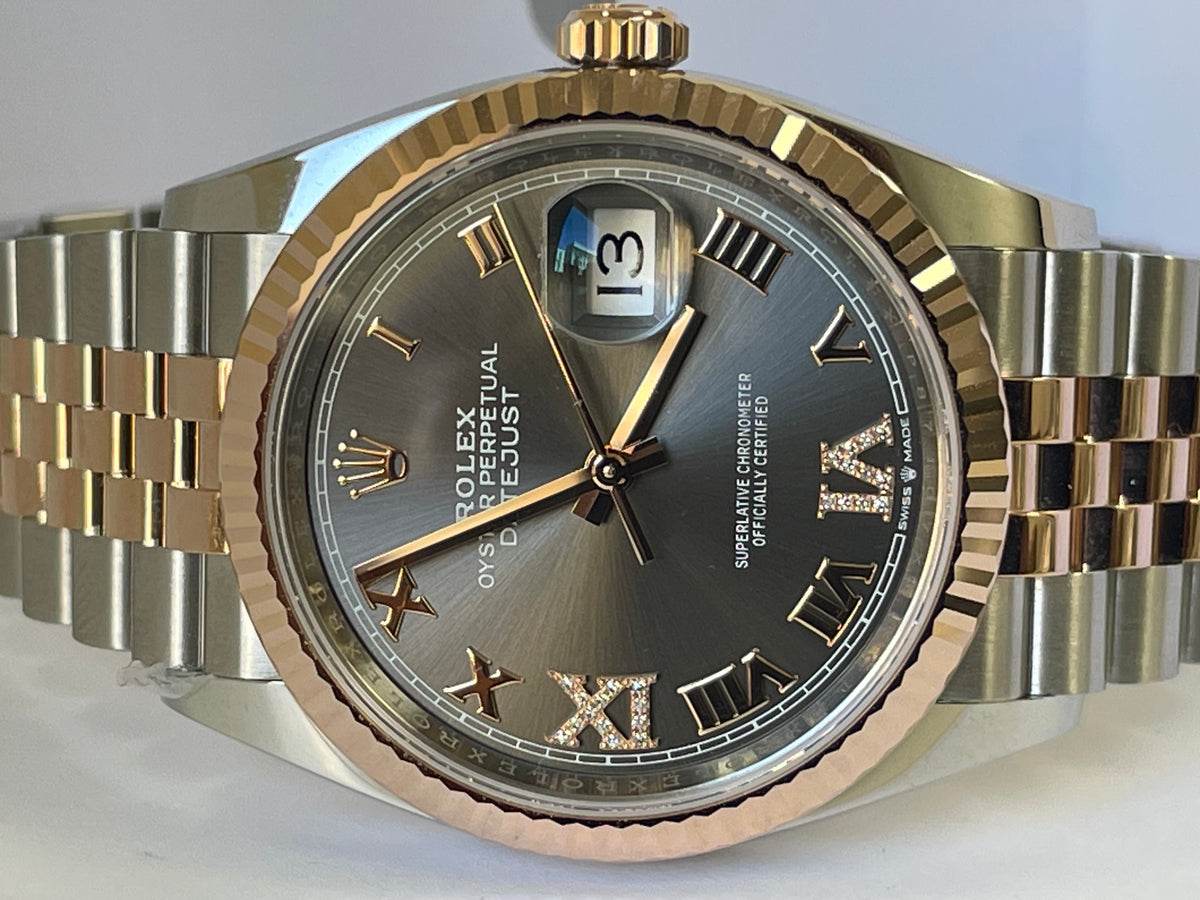 Rolex Steel and Everose Gold Datejust 36 - 2022 - Fluted Bezel - Slate Diamond Set Dial - Jubilee Bracelet - 126231