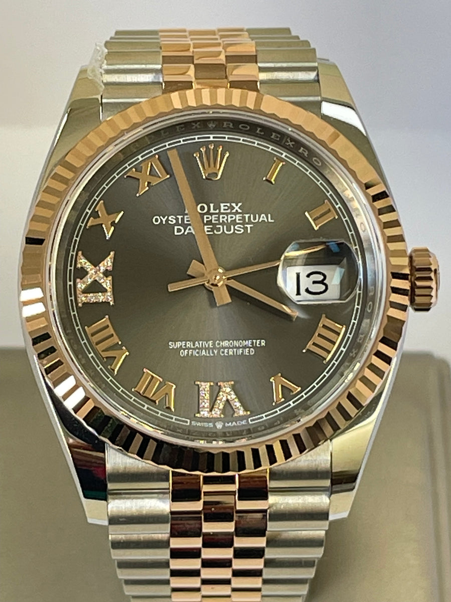 Rolex Steel and Everose Gold Datejust 36 - 2022 - Fluted Bezel - Slate Diamond Set Dial - Jubilee Bracelet - 126231