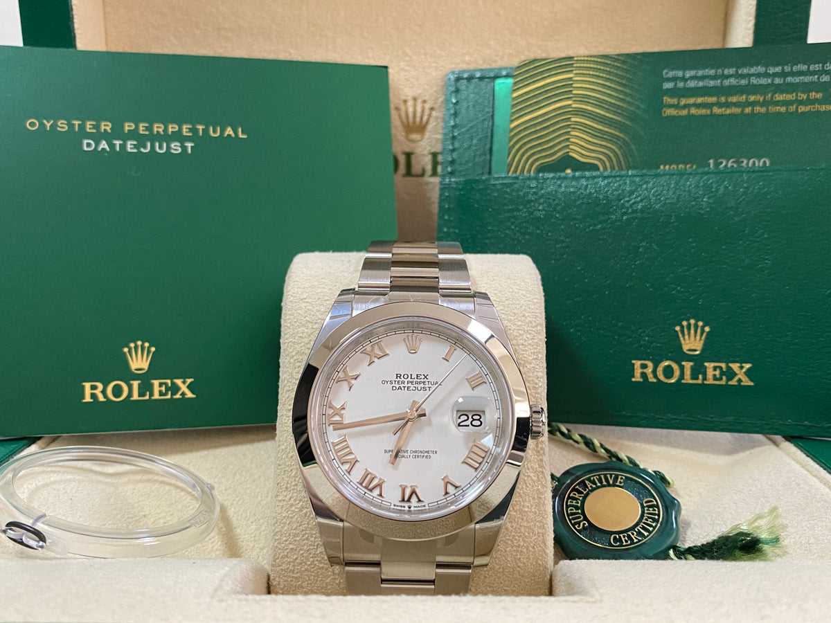 Rolex Steel Datejust 41 - 2023 - Smooth Bezel - White Roman Dial - Oyster Bracelet - 126300 *PARTIAL STICKERS*