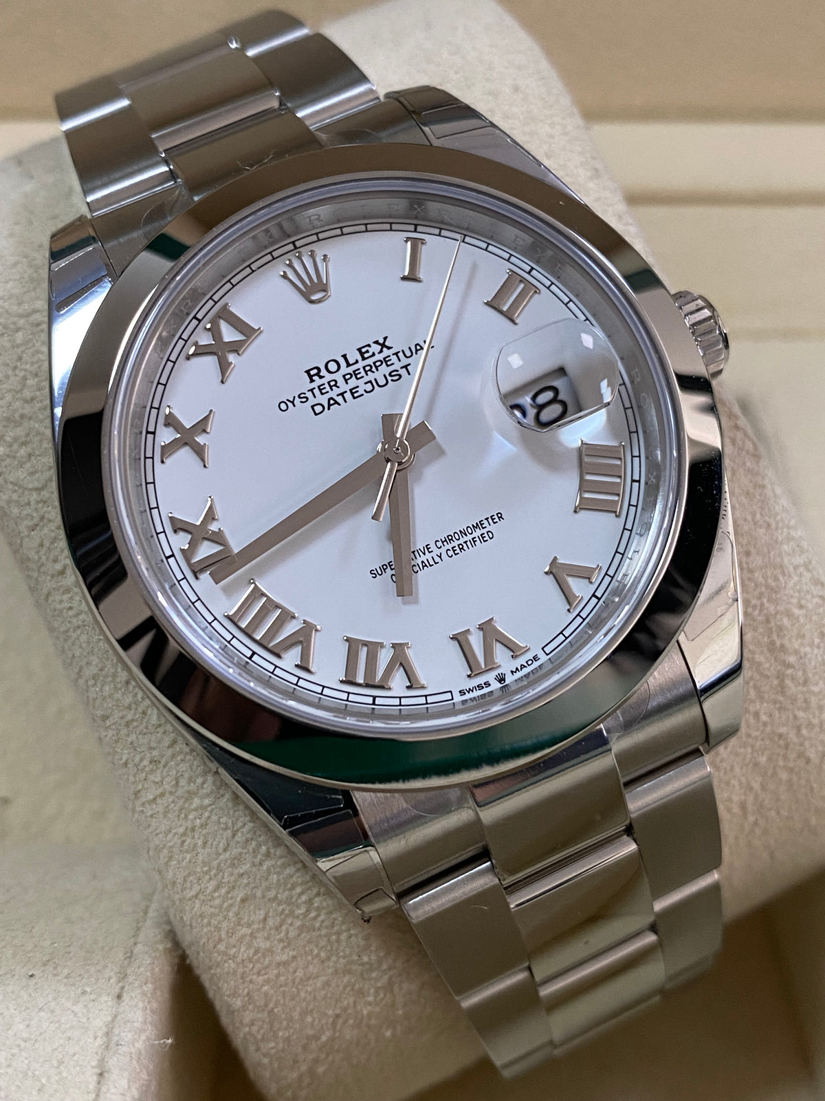 Rolex Steel Datejust 41 - 2023 - Smooth Bezel - White Roman Dial - Oyster Bracelet - 126300 *PARTIAL STICKERS*