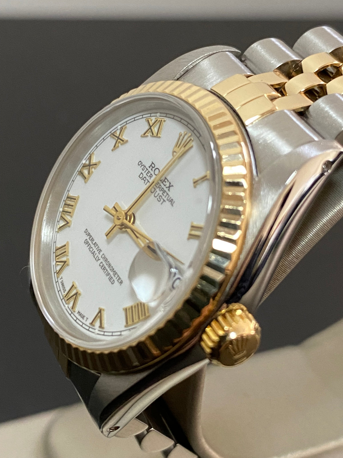 Rolex Steel and Yellow Gold Datejust 31 - N Serial - Fluted Bezel - White Roman Dial - Jubilee Bracelet - 68273