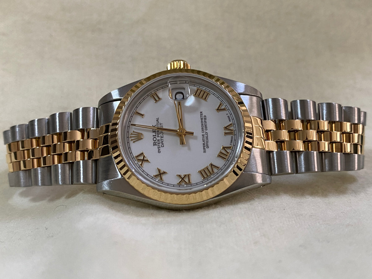 Rolex Steel and Yellow Gold Datejust 31 - N Serial - Fluted Bezel - White Roman Dial - Jubilee Bracelet - 68273