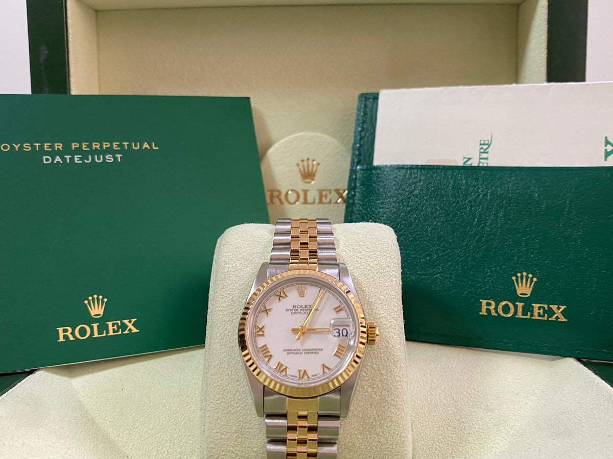 Rolex Steel and Yellow Gold Datejust 31 - N Serial - Fluted Bezel - White Roman Dial - Jubilee Bracelet - 68273