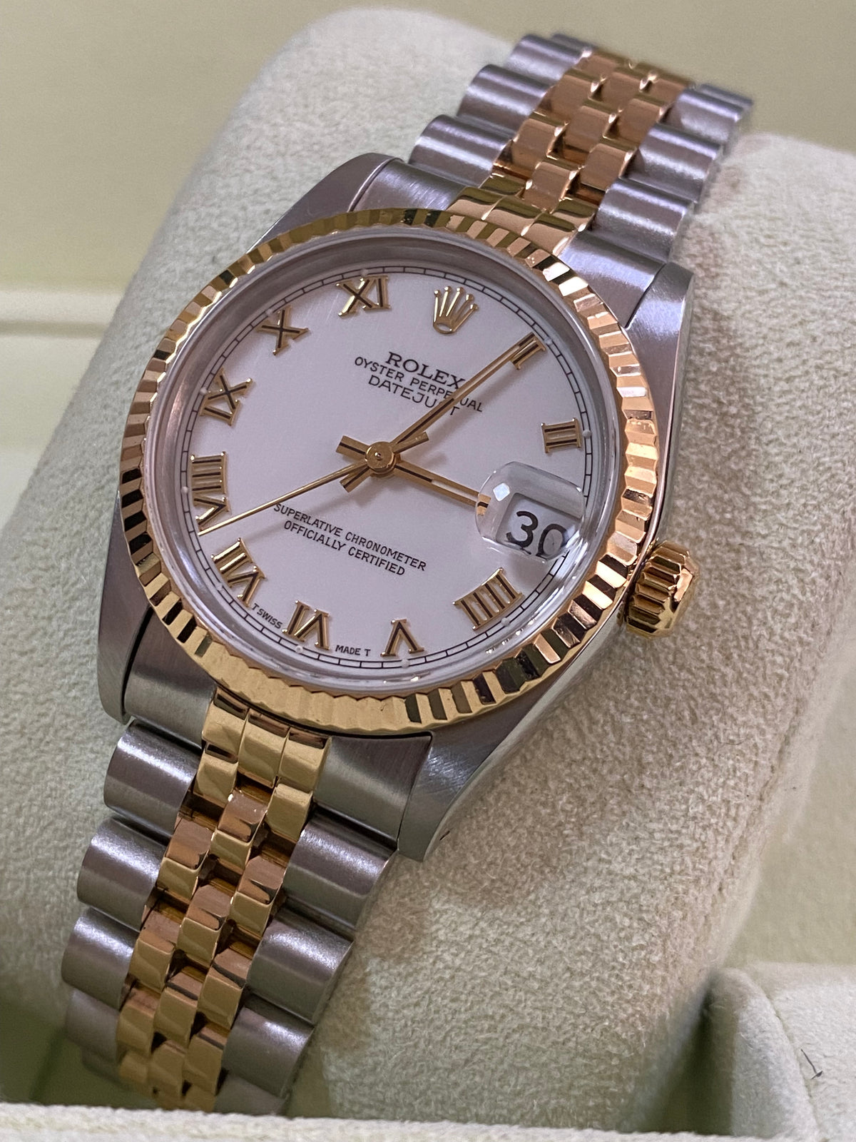 Rolex Steel and Yellow Gold Datejust 31 - N Serial - Fluted Bezel - White Roman Dial - Jubilee Bracelet - 68273