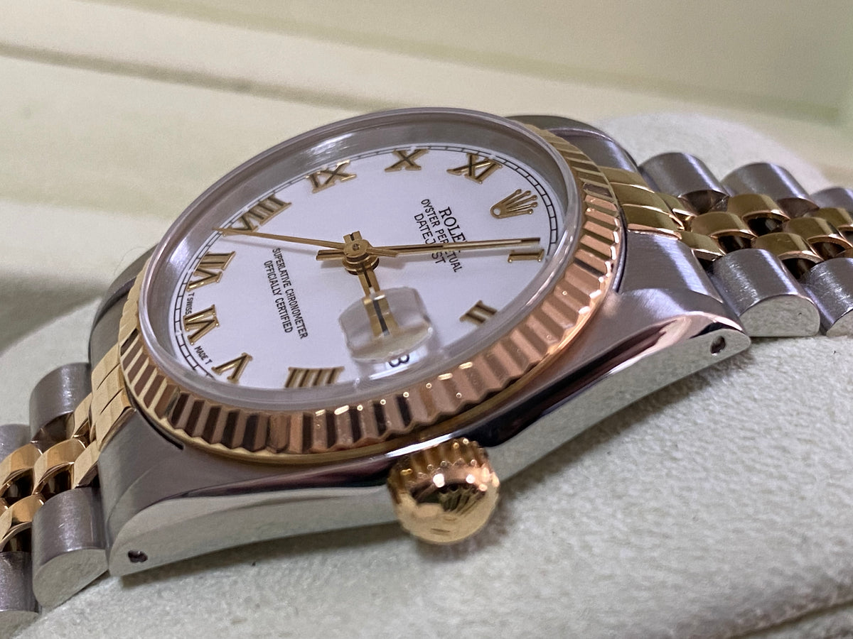 Rolex Steel and Yellow Gold Datejust 31 - N Serial - Fluted Bezel - White Roman Dial - Jubilee Bracelet - 68273