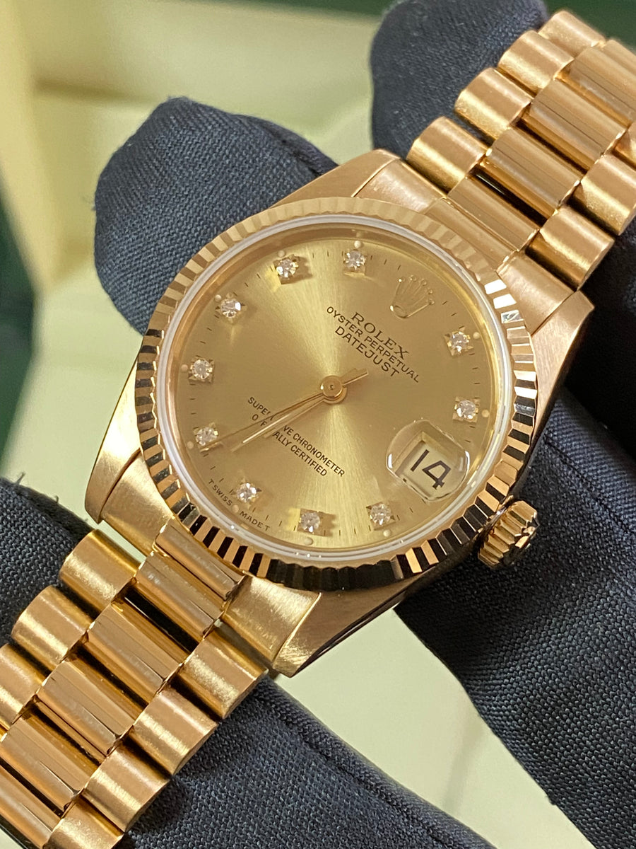 Rolex Yellow Gold Datejust 31 - Fluted Bezel - Factory Diamond Dial - President Bracelet - 68278 COMPLETE