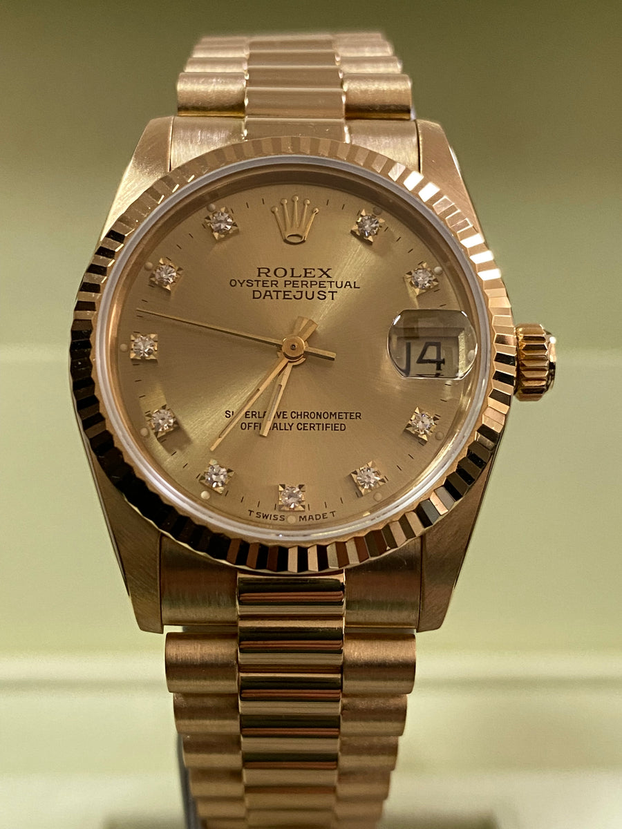 Rolex Yellow Gold Datejust 31 - Fluted Bezel - Factory Diamond Dial - President Bracelet - 68278 COMPLETE